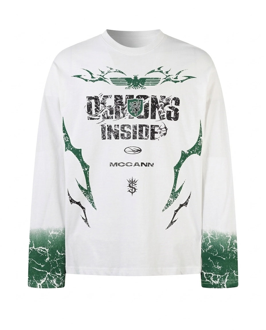 White Green Demons LS Tee
