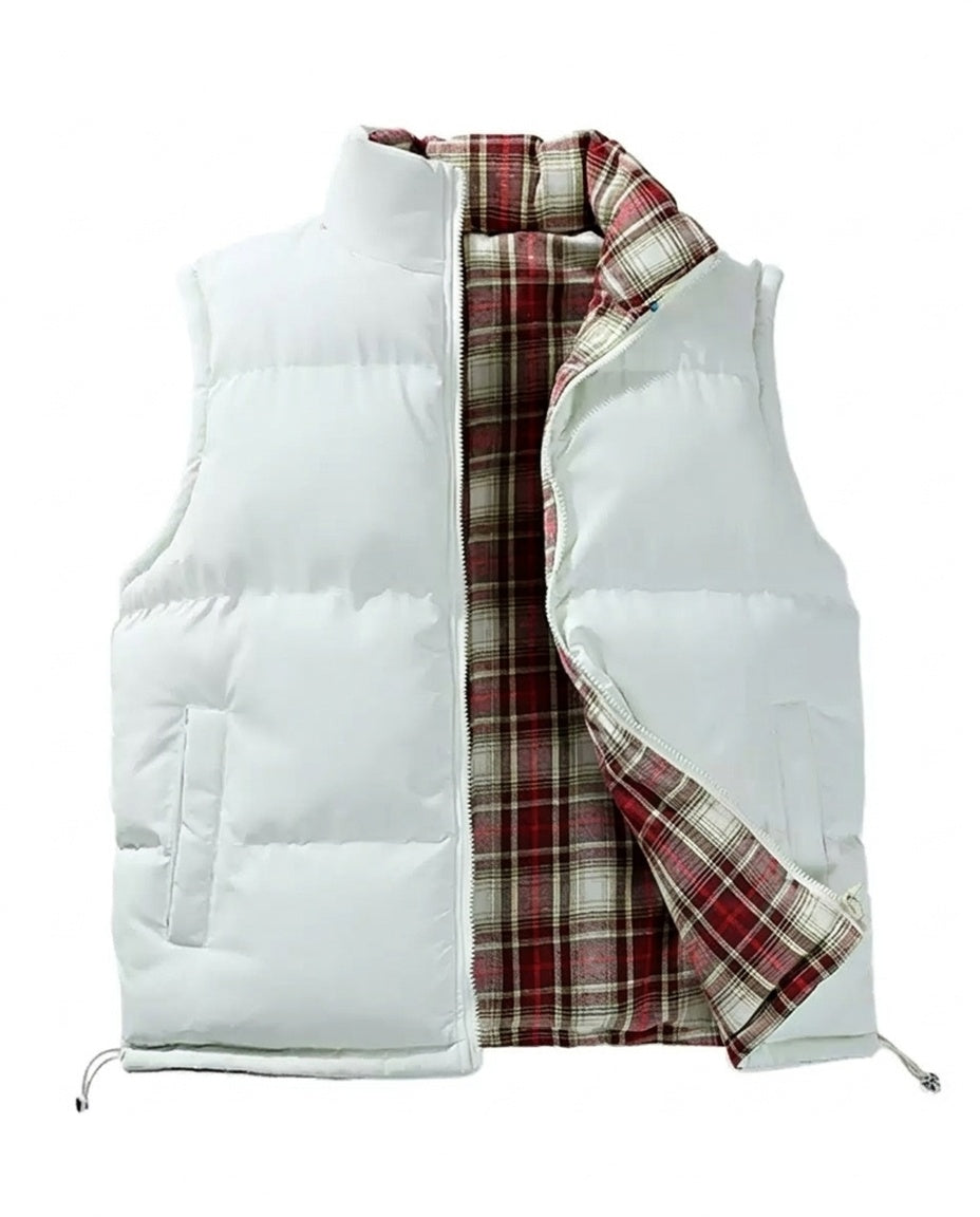 White Plaid-Lined Puffer Vest