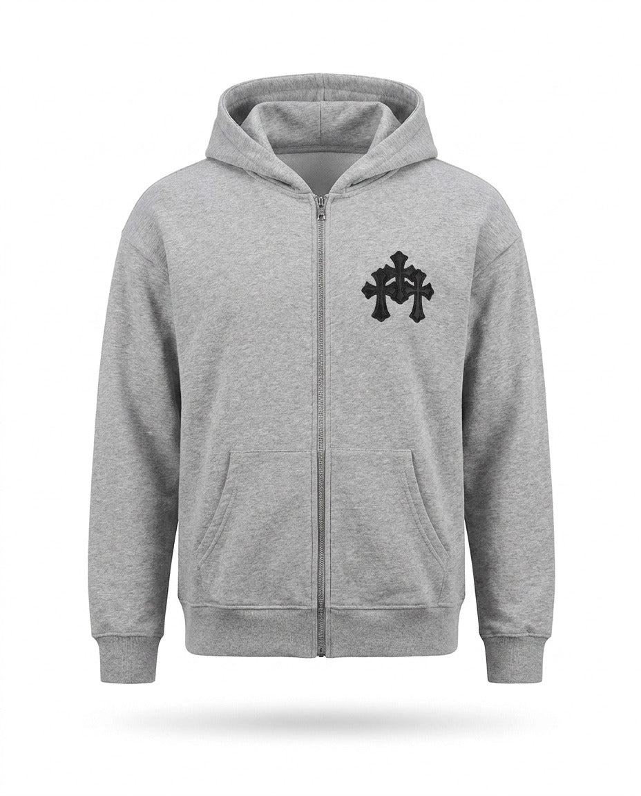 GRAY CROSS ZIP HOODIE