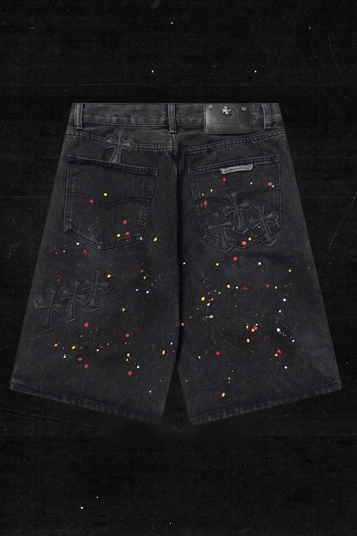 PAINT SPLATTER CROSS DENIM SHORTS