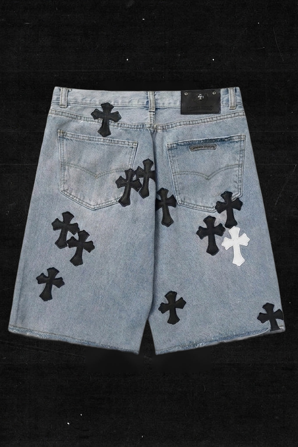 LIGHT BLUE CROSS DENIM SHORTS