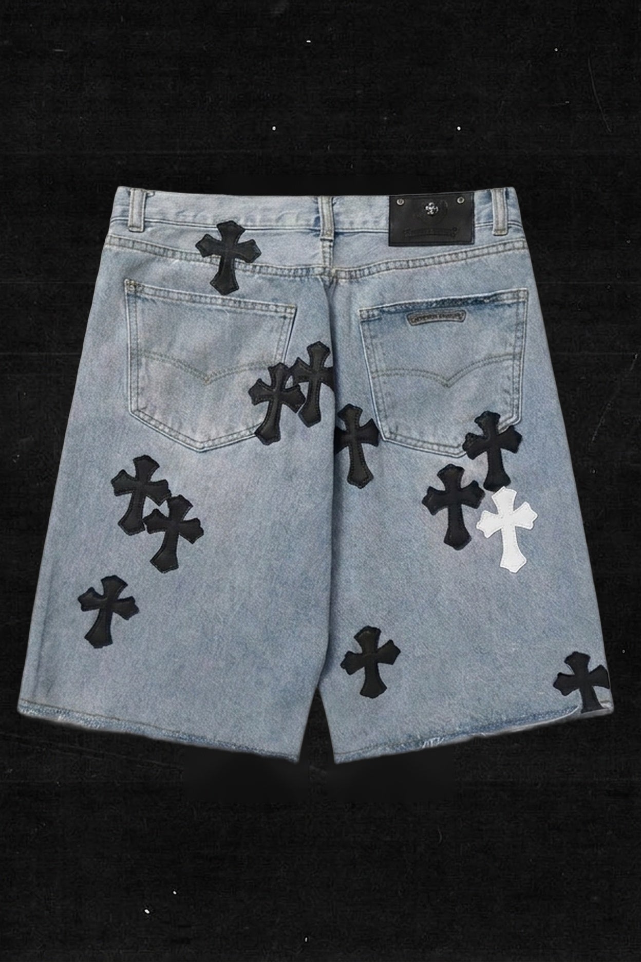 LIGHT BLUE CROSS DENIM SHORTS