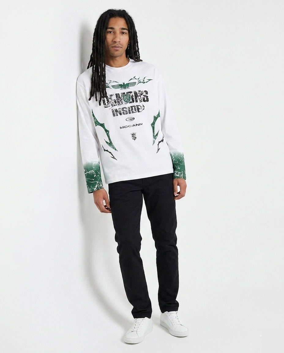 White Green Demons LS Tee