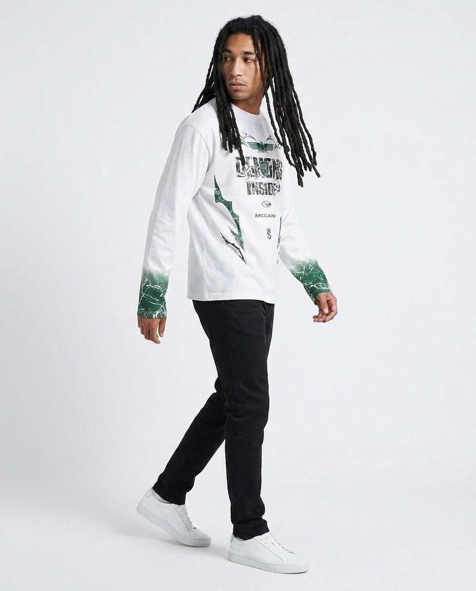 White Green Demons LS Tee