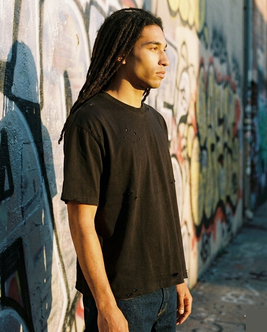 Black Raw Hem Tee