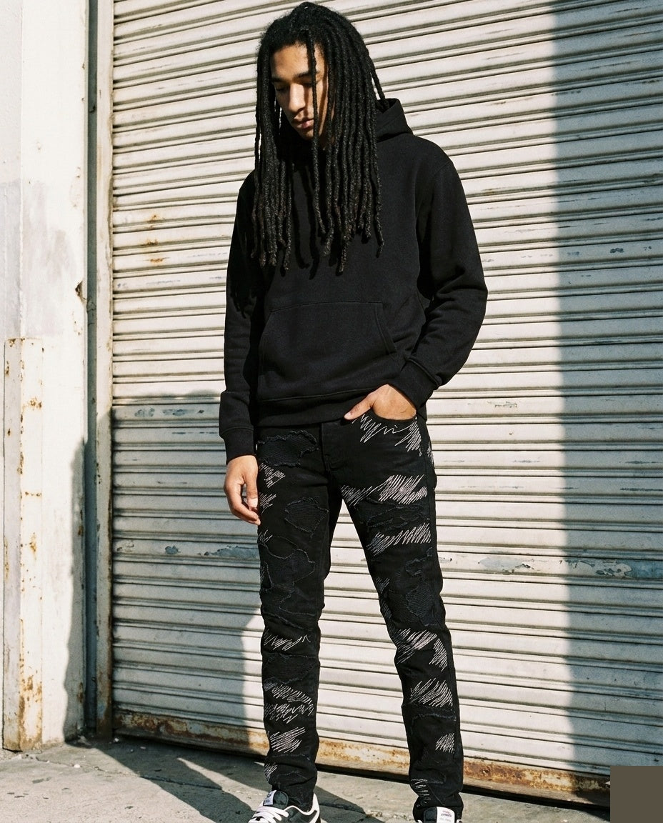Black Scribble Patch Denim