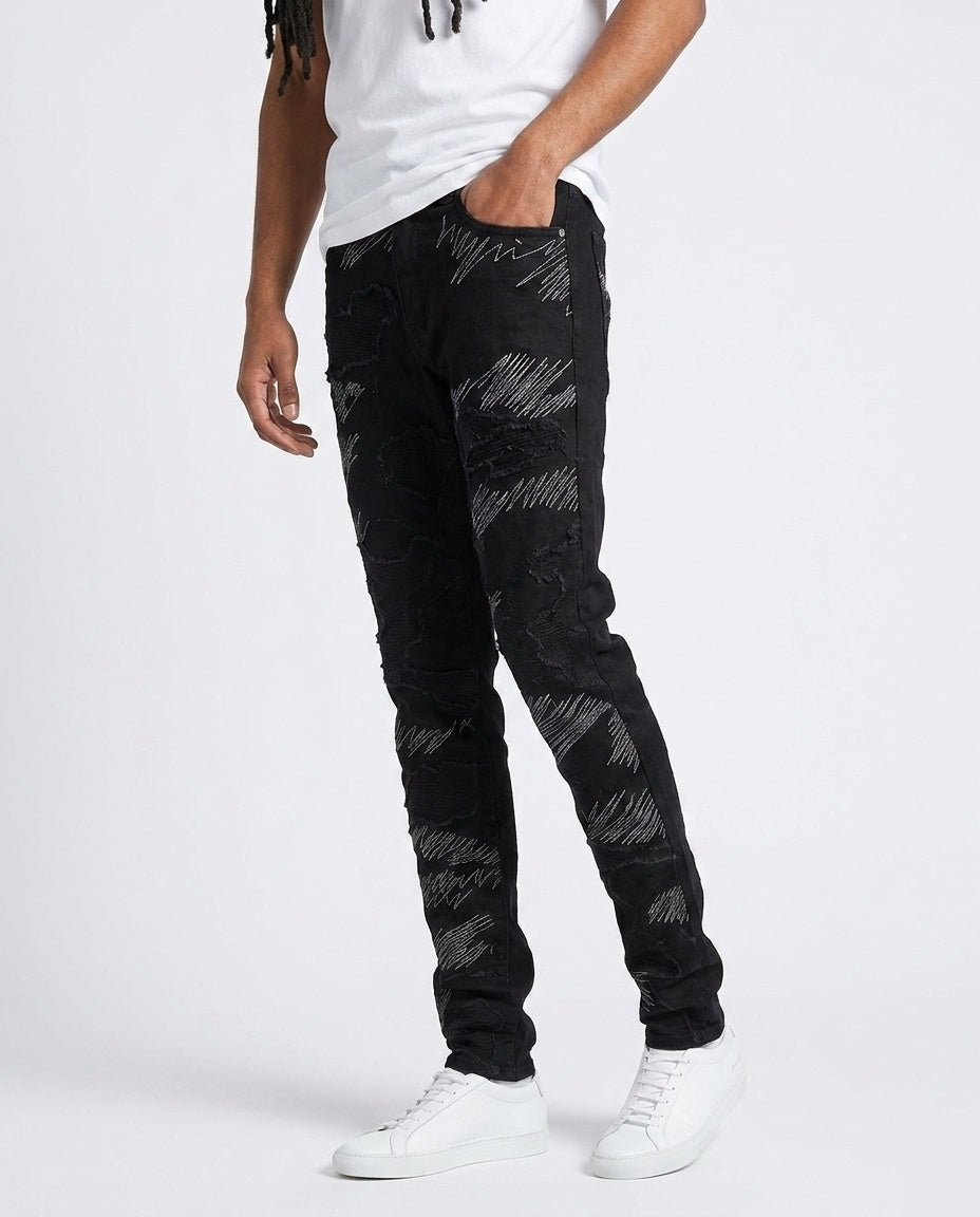 Black Scribble Patch Denim