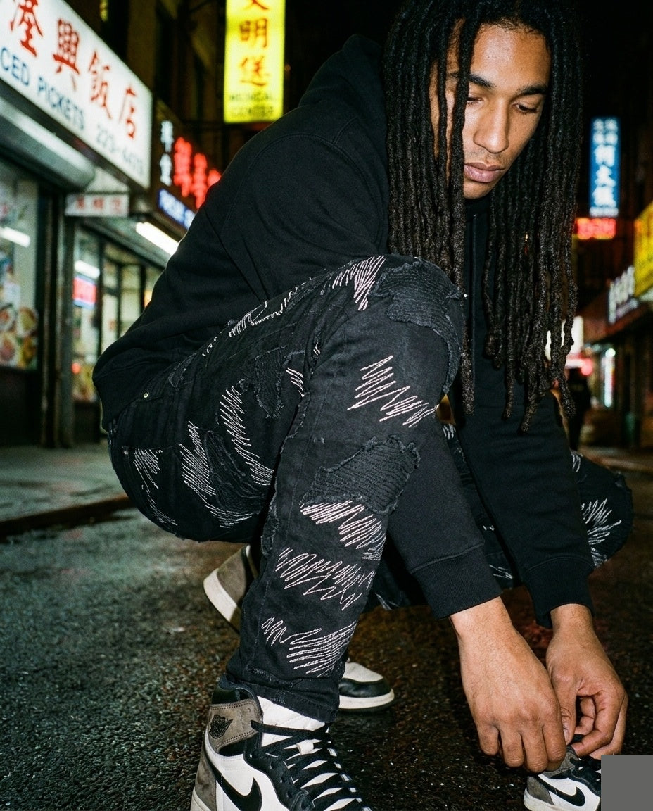 Black Scribble Patch Denim