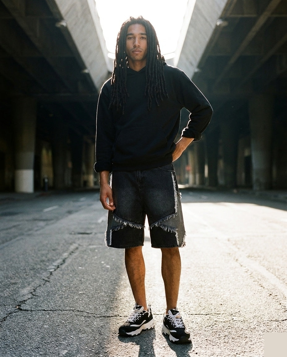 Black Frayed Patchwork Shorts