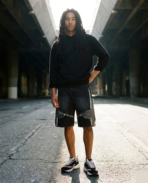 Black Frayed Patchwork Shorts