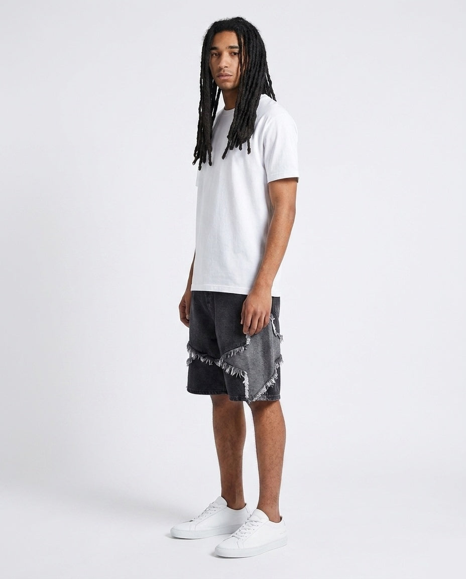Black Frayed Patchwork Shorts