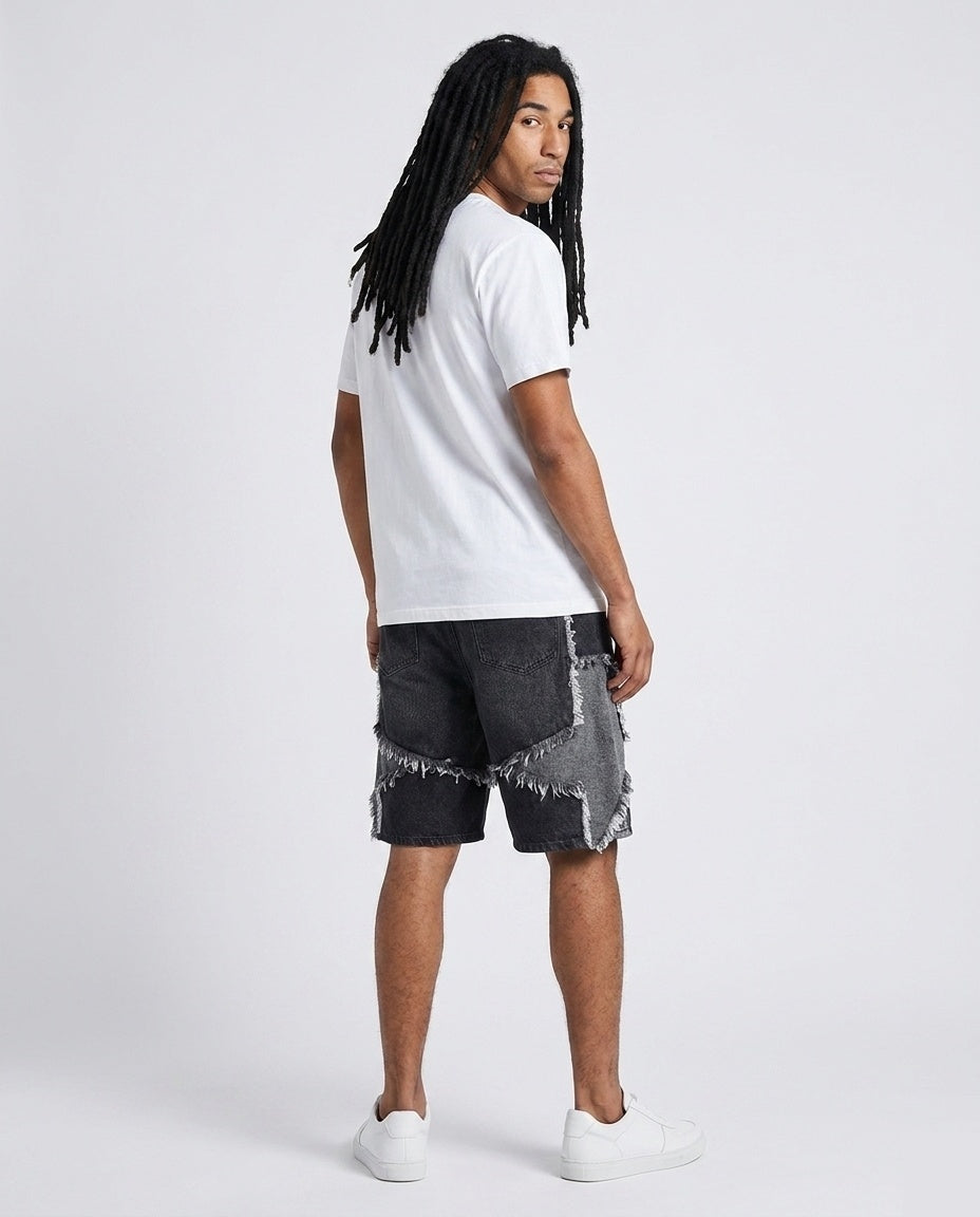 Black Frayed Patchwork Shorts