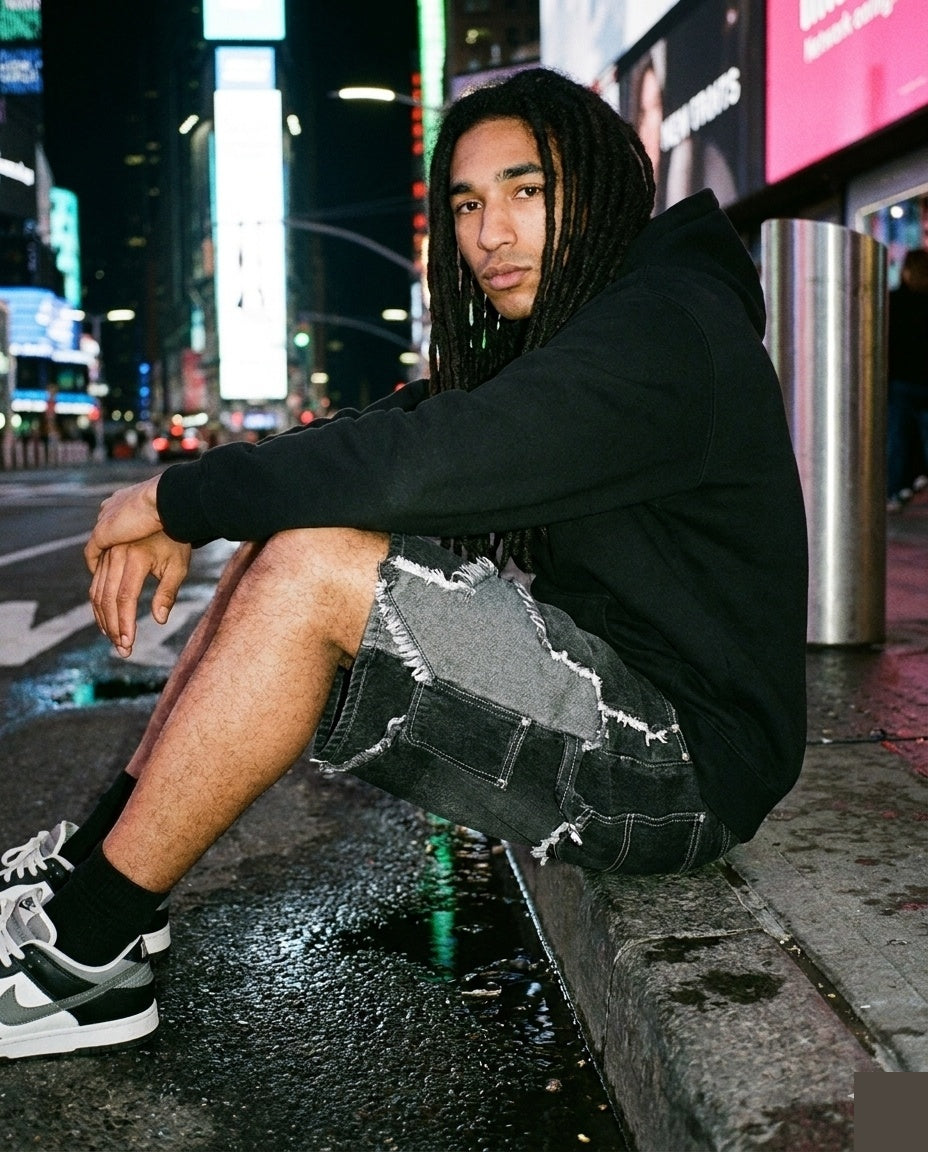 Black Frayed Patchwork Shorts