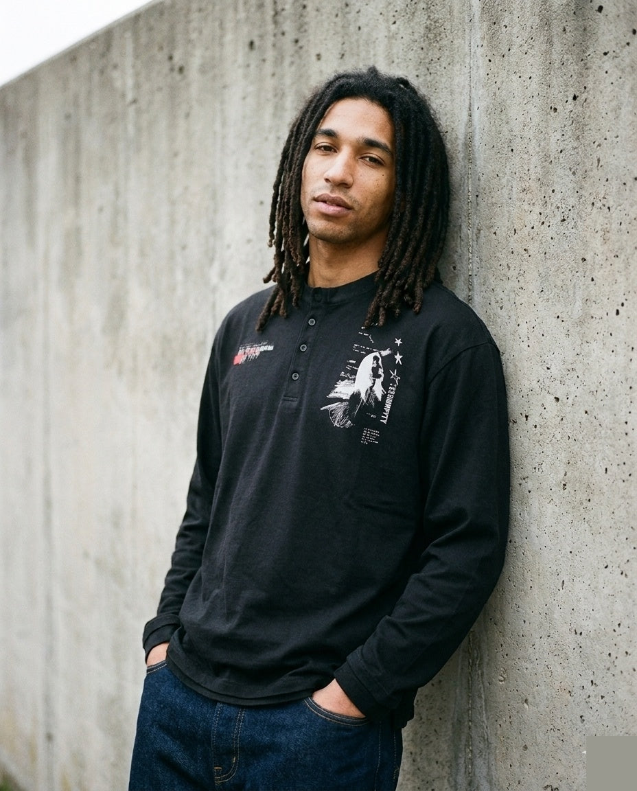 Black Graphic Henley LS