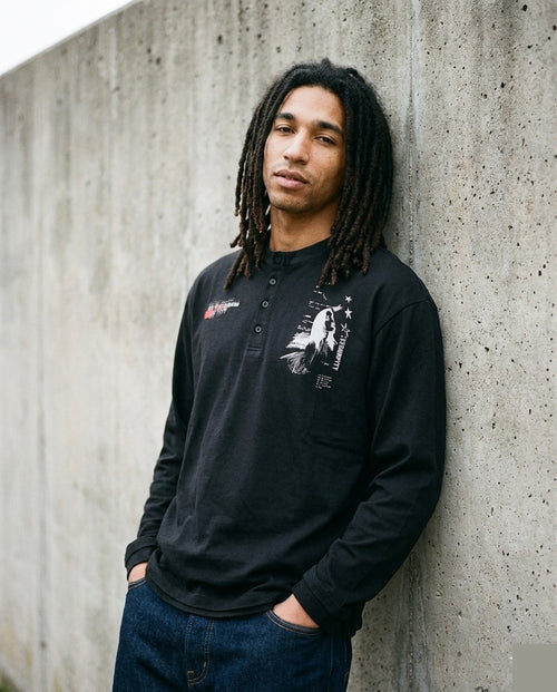 Black Graphic Henley LS