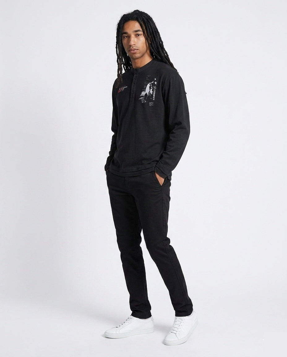 Black Graphic Henley LS