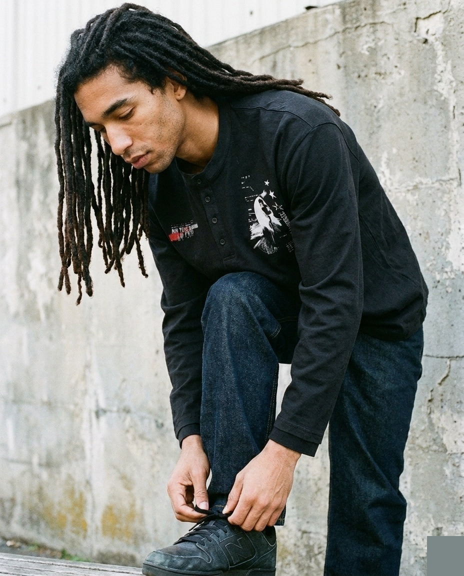 Black Graphic Henley LS