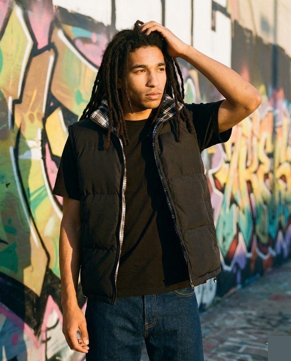 Black Reversible Plaid Vest