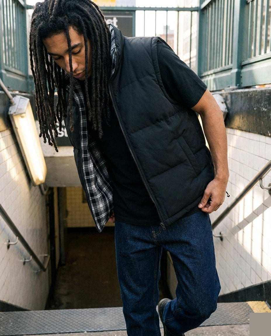 Black Reversible Plaid Vest
