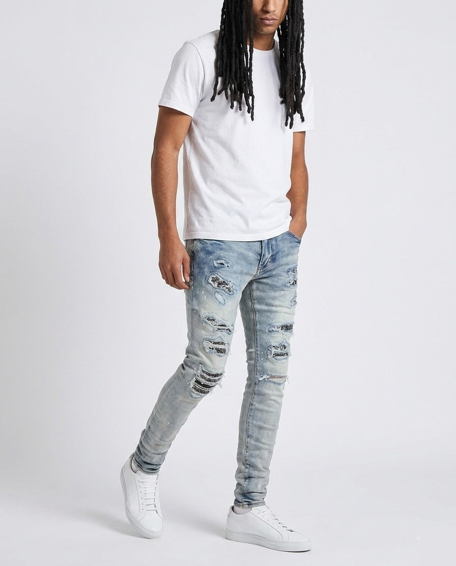 Light Blue Paint Patch Skinny Jeans