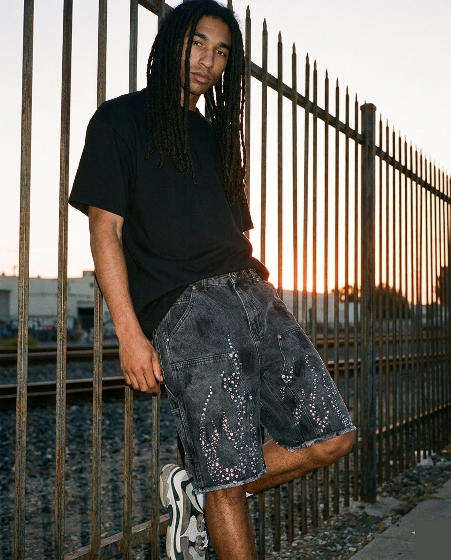 Black Rhinestone Flame Shorts