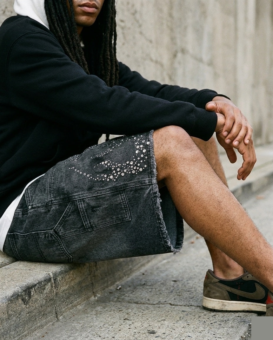 Black Rhinestone Flame Shorts