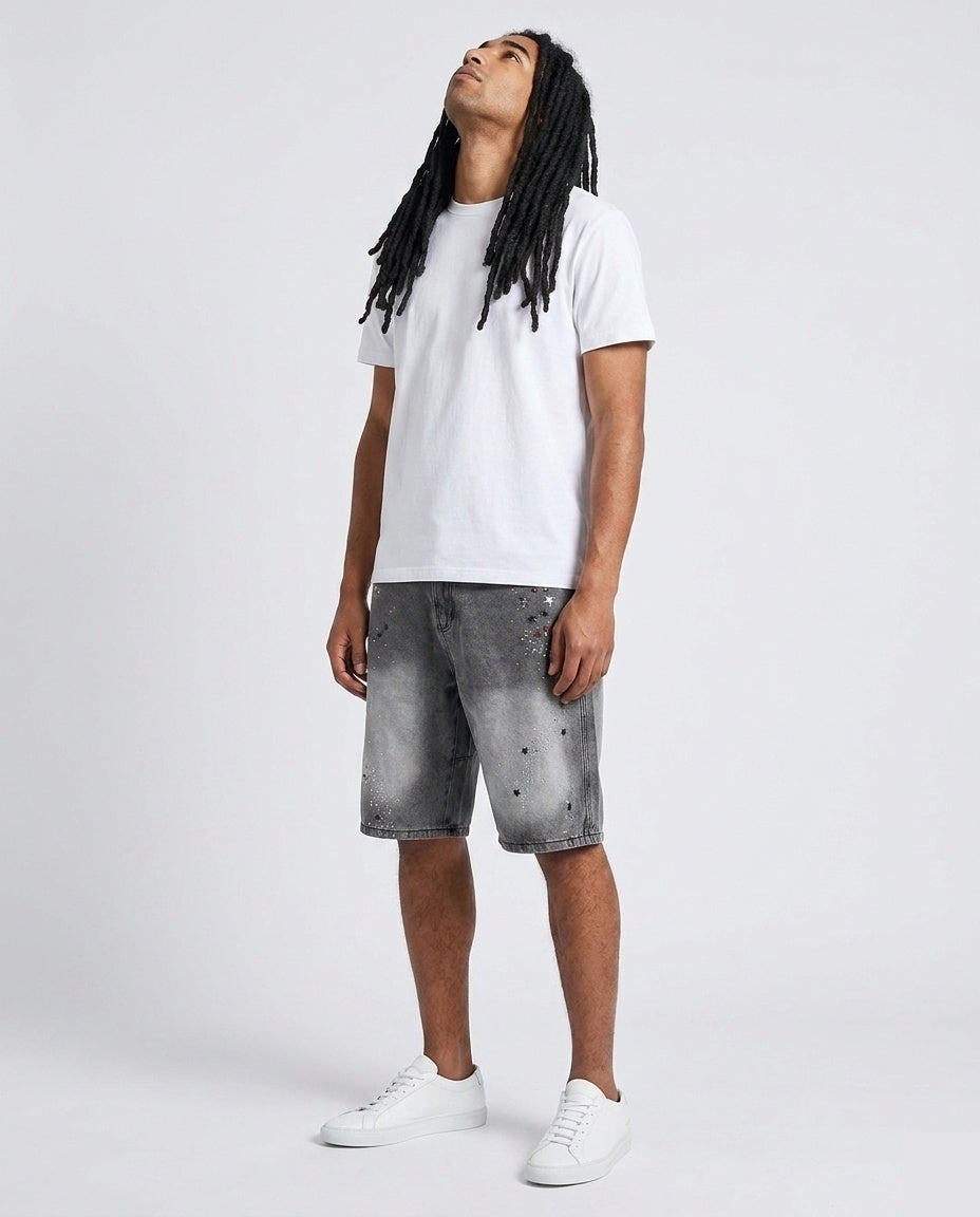 Grey Paint Splatter Studded Shorts