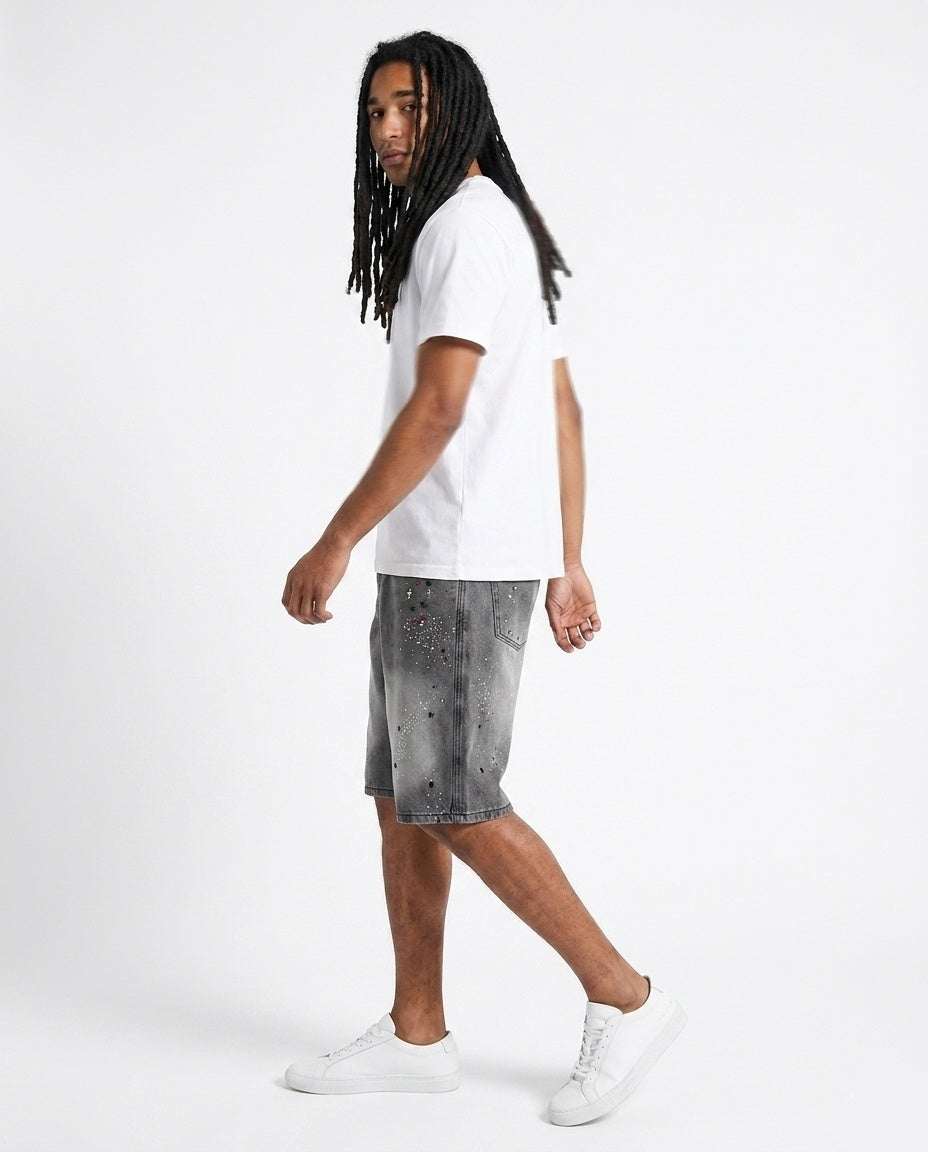 Grey Paint Splatter Studded Shorts