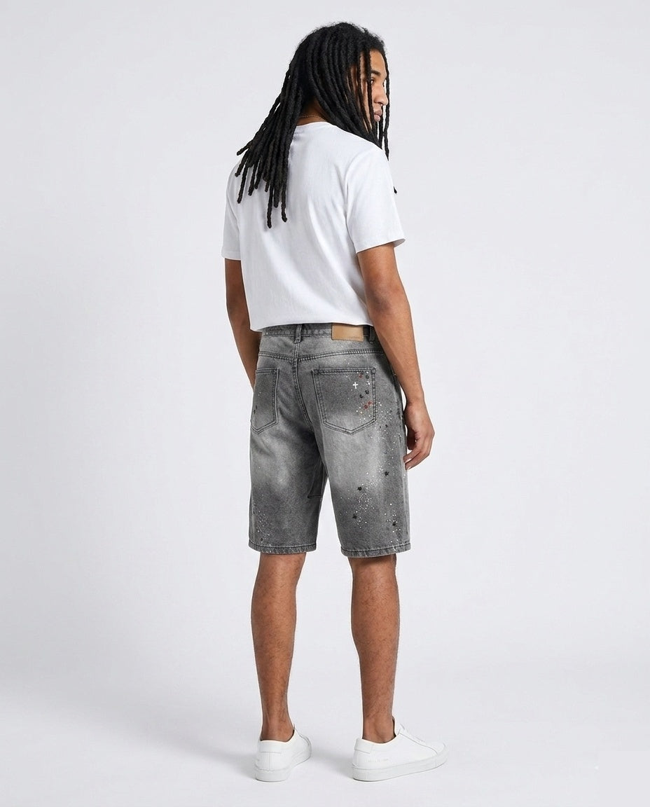 Grey Paint Splatter Studded Shorts