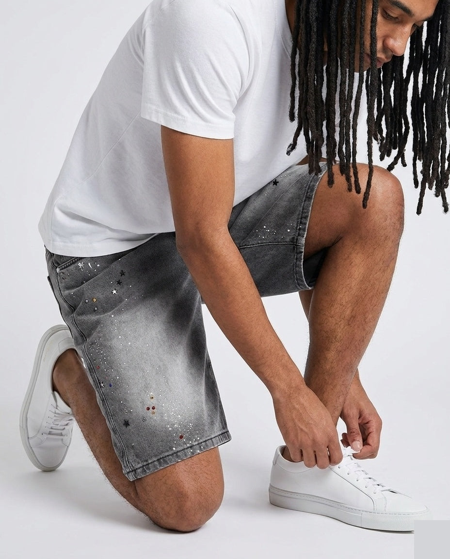 Grey Paint Splatter Studded Shorts