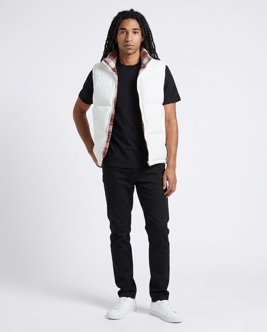 White Plaid-Lined Puffer Vest