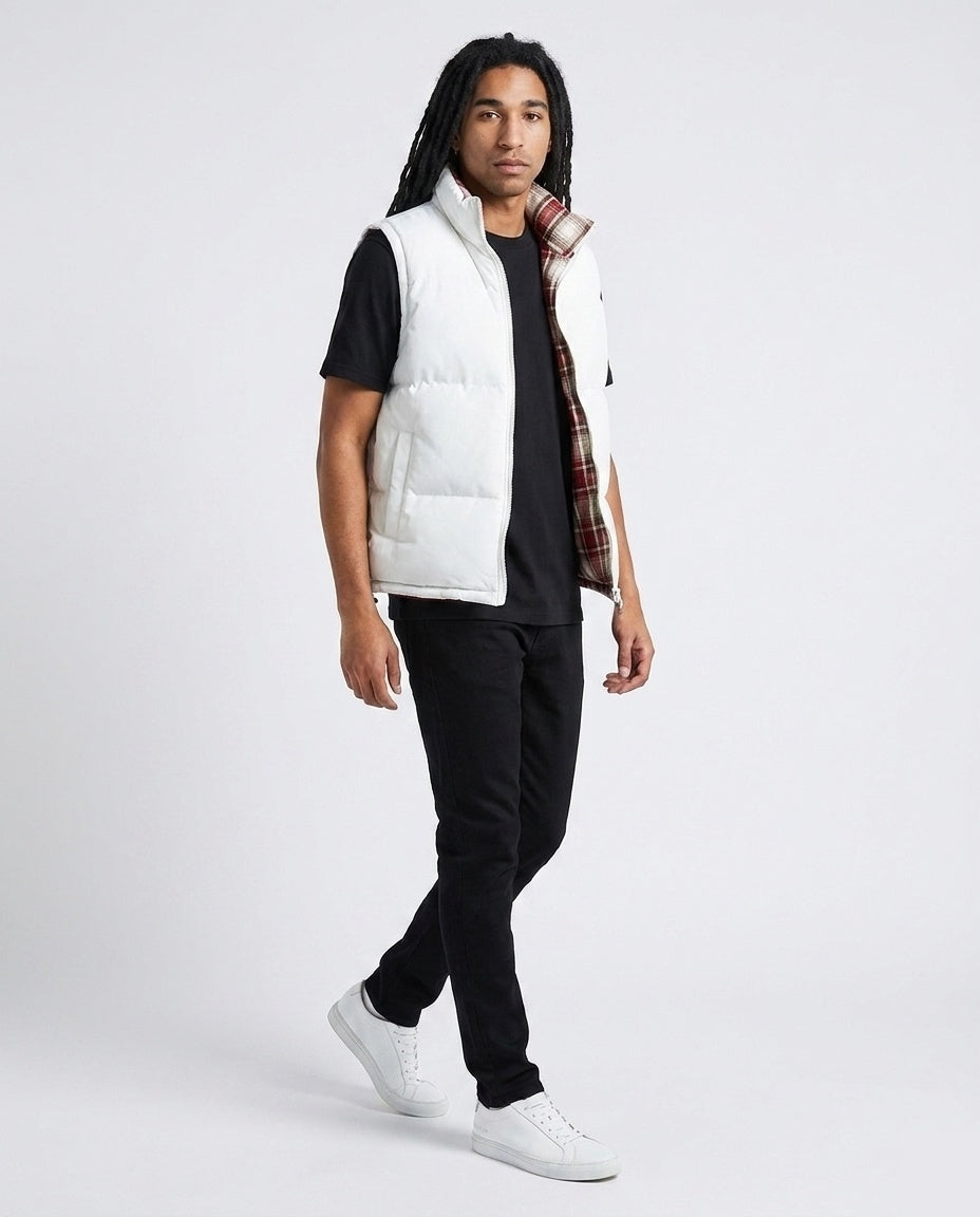 White Plaid-Lined Puffer Vest