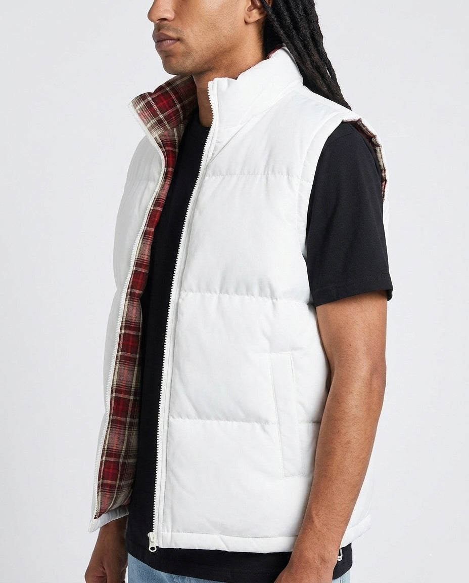 White Plaid-Lined Puffer Vest